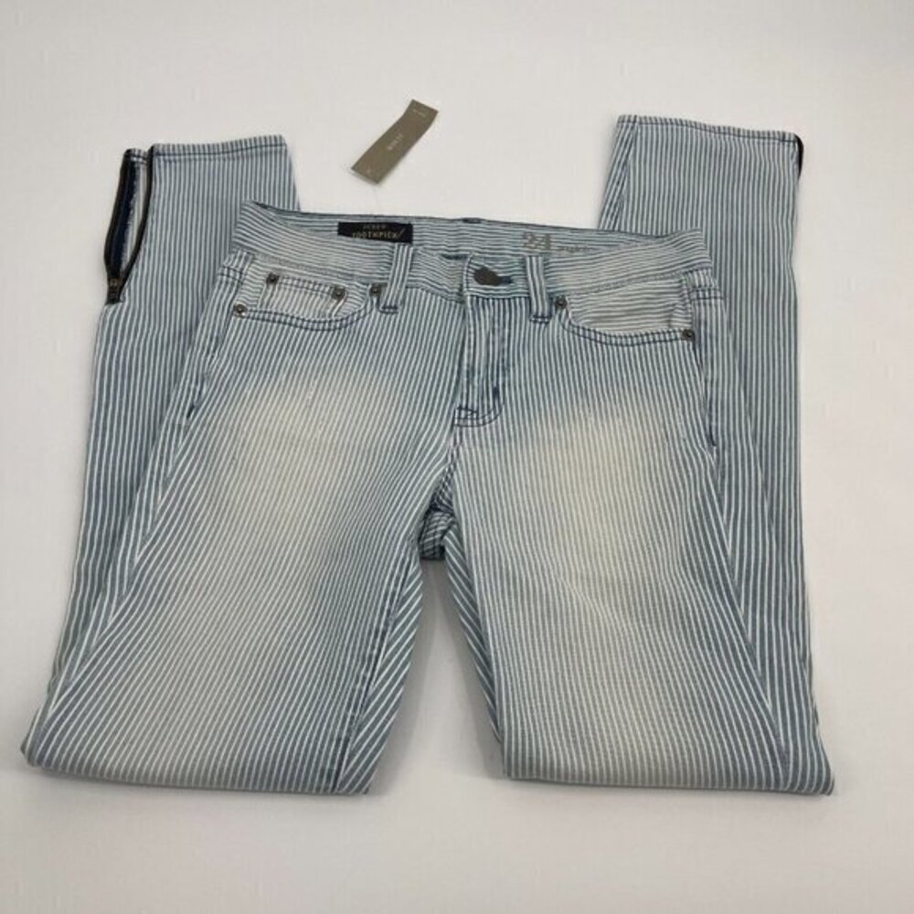 J Crew Jeans 24 Womens Ankle Toothpick Striped Blue Distressed Light Wash New